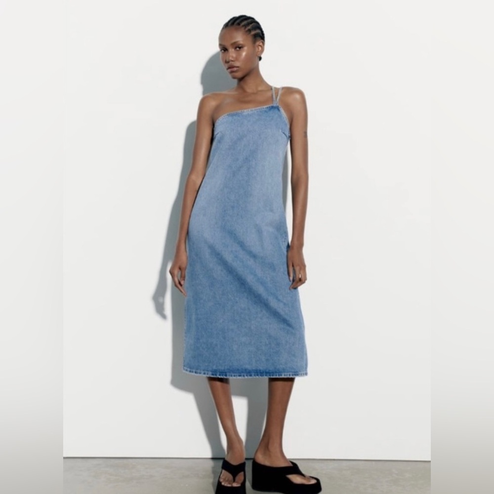 New Zara Asymmetric Strap Jean Midi Dress